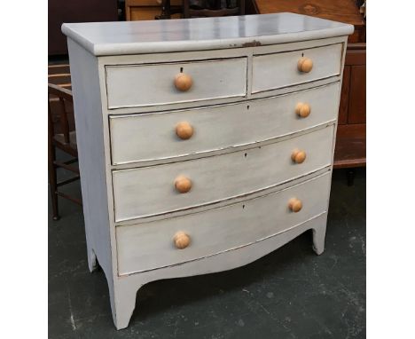 A grey painted bow front 19th century chest of two short over three long drawers, on bracket feet, 100x47x105cmH 