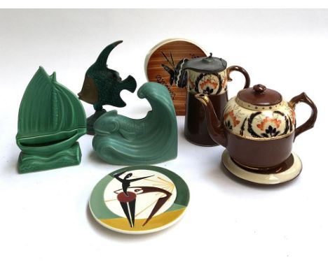 A mixed lot of ceramics to include a 1930s Langley Art Deco ceramic fish, in green glaze, 16cmH; together with a Sylvac sailb