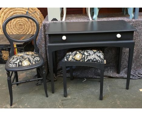 A dark grey painted side table/desk, with single drawer with ceramic knob, 91x39x74cmH; together with matching stool and chai