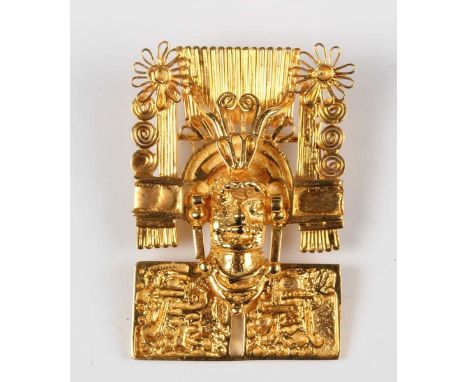 A 14ct gold rectangular pendant, cast and pierced in an Inca design, detailed '14K', weight 5.6g, length 2.8cm.