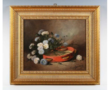 H. Garland (early 20th century) - Still life of cornflowers and tambourine, oil on canvas, signed lower right, 38cm x 46cm, w