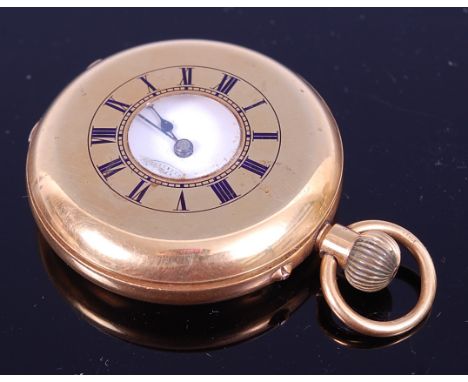 An Edwardian 18ct gold cased half hunter gents pocket watch, having an unsigned white enamel dial with Roman numerals, subsid