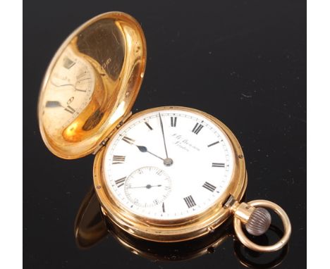 A J W Benson gents 18ct gold cased full hunter pocket watch, having signed white enamel dial, subsidiary seconds dial, keyles