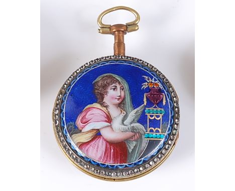 A 19th century Continental gilt metal and guilloche enamelled fob watch, the convex white enamel dial having Roman numerals, 