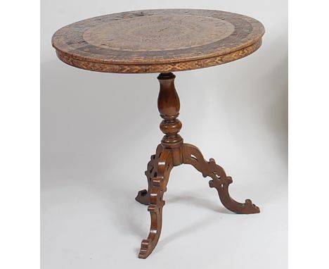 A 19th century walnut occasional table, the circular top with sunburst specimen wood inlays within floral border, on a turned