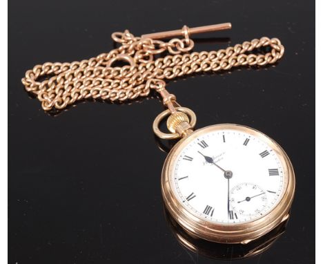 A gents J W Benson 9ct gold cased pocket watch, having a signed white enamel dial, subsidiary seconds dial, keyless movement,