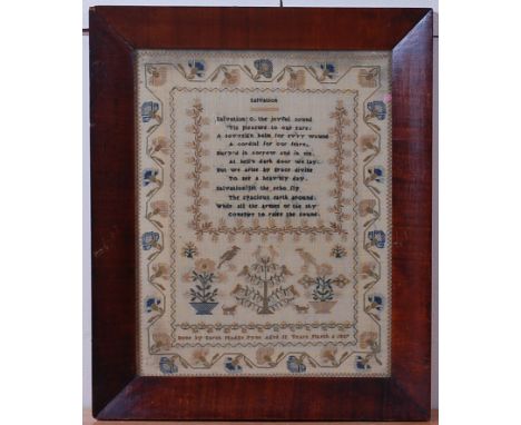 A William IV hymn and picture sampler entitled Salvation, by Sarah Madge Pyne, aged 12, completed March 6th 1837, 40 x 31cm  