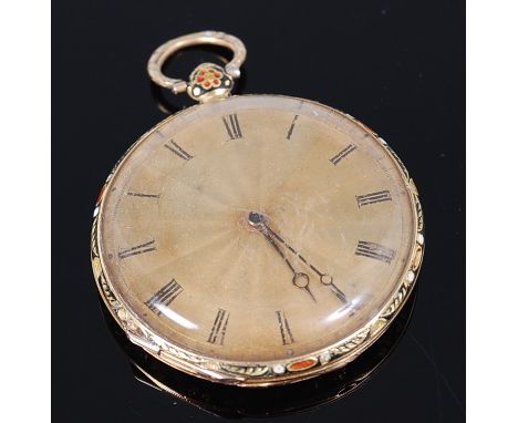 A French 18ct gold and enamel pocket watch by Lepine of Paris, No.28953, having an unsigned gilded dial with Roman numerals, 