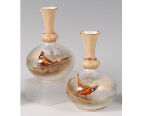 A pair of Royal Worcester porcelain bottle vases, each having blush lobed necks, over a polychrome enamel decorated ground de