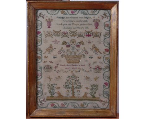 A William IV needlework verse and picture sampler, by Sarah Ann Banton, aged 9, dated 1833, 40.5 x 30.5cm (with some losses) 