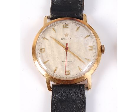 A gents Rolex Precision 9ct gold cased wristwatch, circa 1957, having signed champagne dial with quarter Arabic numerals, swe