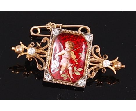 A late 19th century continental yellow metal, enamel and diamond set brooch, worked as a centre concave enamelled panel depic