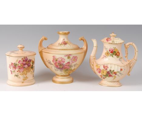A Worcester porcelain blushware pedestal vase, decorated with wildflowers and heightened in gilt, shape No.2299, puce mark ci