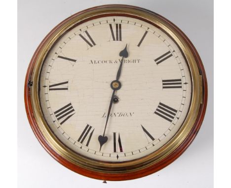 A Victorian mahogany circular dial wall clock, having a white enamel dial (restored), signed Alcock & Wright of London, brass
