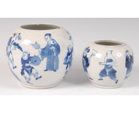 A Chinese Kangxi period porcelain vase, of globular form, underglaze blue and white decorated with theatrical characters, fou