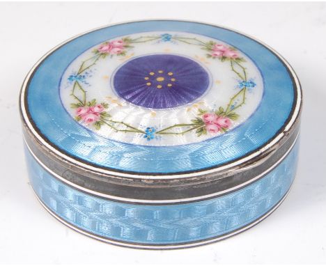 A Continental silver and guilloche enamel circular snuff-box, the hinged cover decorated with a centre band of flowers within