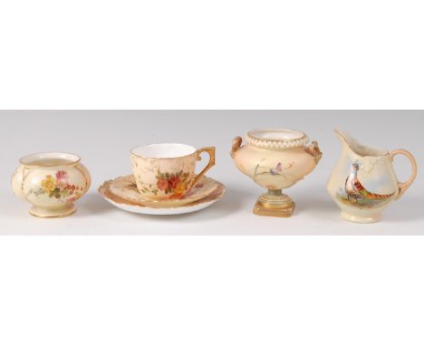 Royal Worcester porcelain wares, comprising; blush ground trio, lobed squat vase shape No.867, pedestal campagna type vase sh