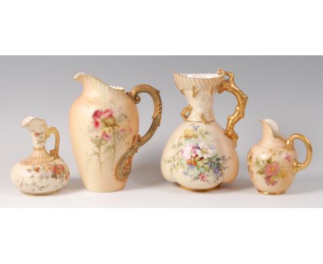 A Royal Worcester porcelain blushware jug, decorated with wildflowers and thistle, heightened in gilt, shape No.1832, puce ma