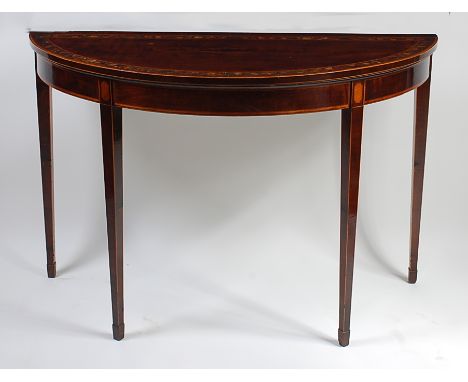A Sheraton Period mahogany, satinwood banded and polychrome decorated demi-lune side table, the top bordered with a band of f