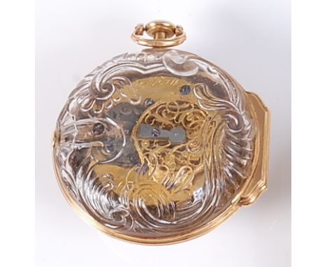 A fine mid-18th century French yellow metal and rock crystal cased pocket watch by J J Bourdillat of Paris, the rock crystal 