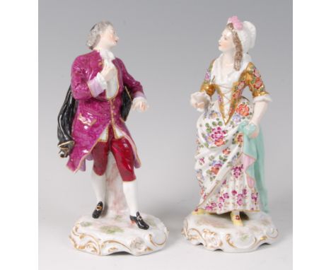 A pair of 19th century *SAMSON OF PARIS* porcelain figures, modelled as a gallant and his lady, him wearing a mauve tunic, he