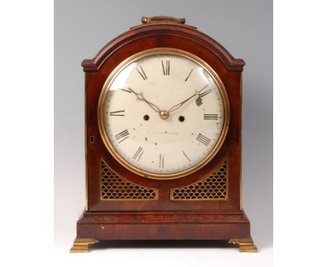 A George III mahogany dome-top bracket clock, having a convex white enamel dial, being indistinctly signed, twin winding hole