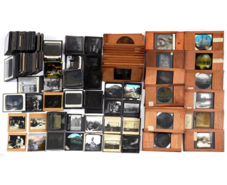 A COLLECTION OF LATE 19TH AND EARLY 20TH CENTURY GLASS MAGIC LANTERN SLIDES, 3.25 X 3.25 ",  AND A FEW 3 1/4 X 4 ", SEVERAL I