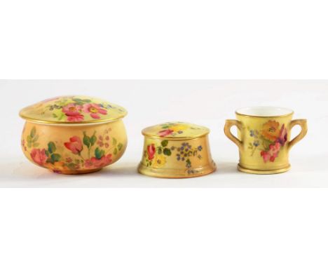 THREE PIECES OF SHADED APRICOT WORCESTER, A MINIATURE THREE HANDLED LOVING CUP, A ROUND TRINKET BOX AND COVER AND ANOTHER SMA