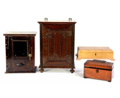 AN OAK SMOKER'S CABINET, THE PANELLED DOOR WITH PIERCED ART METAL HINGES, 43CM H, CIRCA 1910, ANOTHER, A VICTORIAN ROSEWOOD T