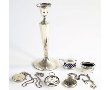 A GEORGE V SILVER FLUTED CANDLESTICK, 25CM H, SHEFFIELD 1914, LOADED, A PIERCED SILVER MUSTARD POT, A SILVER WATCH, ETC