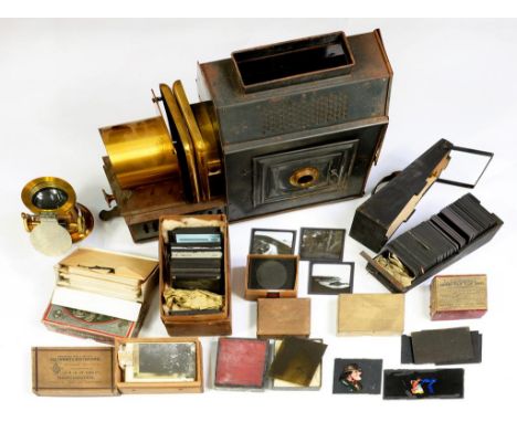 A BRASS AND FERROUS METAL MAGIC LANTERN WITH CONDENSER AND LENS WITH RACK-AND-PINION FOCUSING, LATE 19TH CENTURY AND VARIOUS 