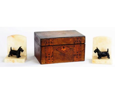 A PAIR OF ALABASTER BOOKENDS, EACH APPLIED WITH BRONZED SPELTER TERRIER, 11.5CM H AND A VICTORIAN WALNUT TEA CADDY 