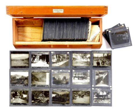 APPROX 73 EARLY 20TH CENTURY GLASS MAGIC LANTERN SLIDES, 3 1/4 X 3 1/4 ", WOOD BOX, LABELLED JOHNSONS OF HENDON