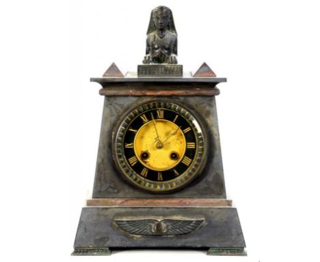 AN EGYPTIAN REVIVAL FRENCH SLATE AND ROUGE GRIOTTE MARBLE MANTLE CLOCK, 32CM H, LATE 19TH CENTURY