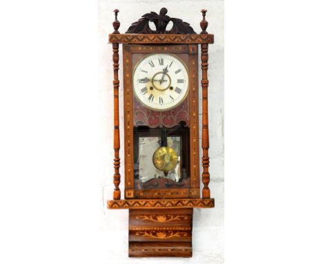 MAHOGANY INLAID WALL CLOCK, EARLY 20TH CENTURY, 89CM X 34CM 