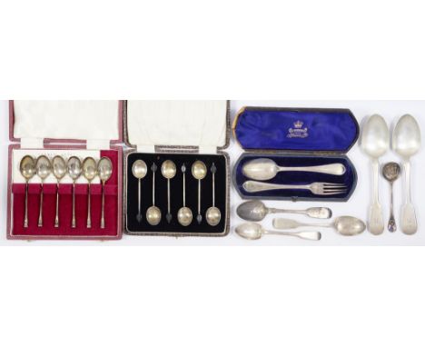 A CASED SILVER CHRISTENING SPOON AND FORK OF BEADED OLD ENGLISH PATTERN, LONDON 1873, TWO CASED SETS OF SILVER COFFEE SPOONS 