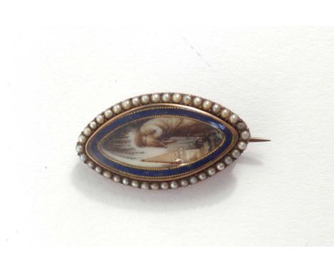 A 19th century yellow metal brooch of oval form enamel decorated with a weeping figure in a garden setting within a blue and 