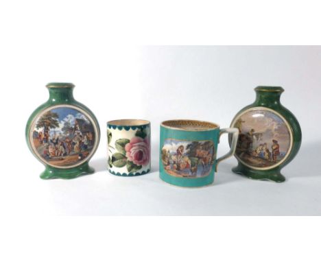 A pair of prattware 'malachite' flasks, typically decorated, h. 16.5 cm, together with a prattware mug and a Wemyss cylindric