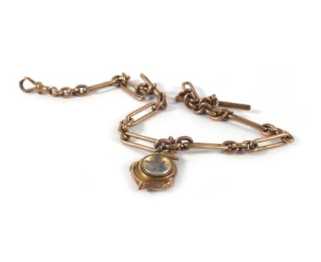 A 9ct yellow gold elongated link watch chain suspending a miniature compass of anchor form, overall 18.3 gms