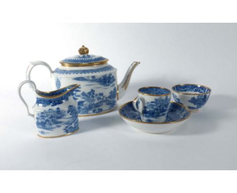 A late 19th century blue and white part tea service decorated in the chinoiserie manner (qty) (af) CONDITION REPORT: Teapot w