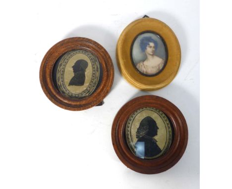 A 19th century watercolour on ivory head and shoulders portrait of a female, 8 x 7 cm, together with a pair of 20th century g