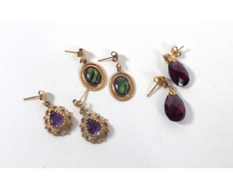 A pair of 9ct yellow gold ear pendants set teardrop amethyst, together with two further pairs of ear pendants, overall 5.9 gm