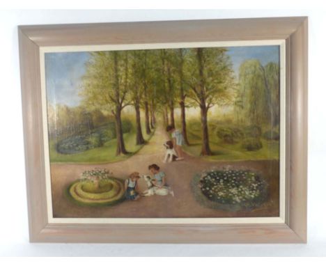 A.. V.. D.. Eynde (20th century),Children playing with their animal companions before an avenue of trees,signed,oil on canvas