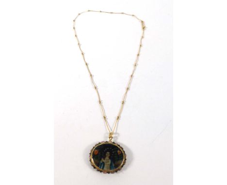 A Finish 18ct yellow gold elongated bark link necklace in the manner of Björn Weckström suspending and oval enamel decorated 
