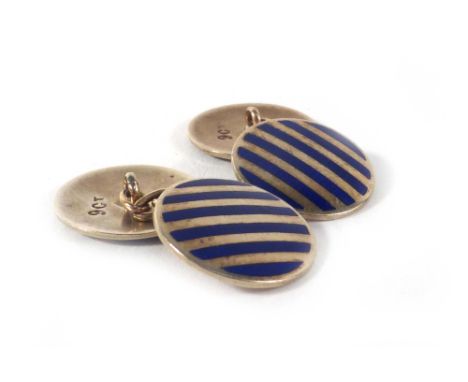 A pair of 9ct yellow gold cufflink's of circular form, each decorated with Royal blue guilloché enamelled stripes, 5.8 gms   