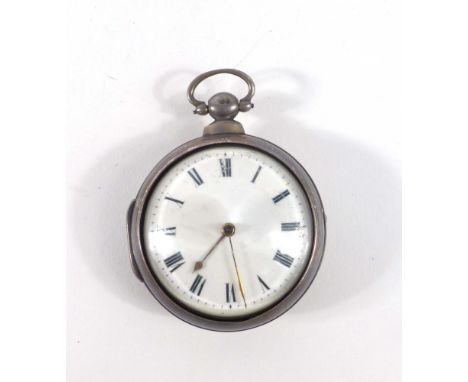 An early 19th century silver pair cased pocket watch, the white enamel dial with black Roman numerals, the gilt fusee movemen