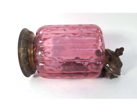 A Victorian cranberry glass and brass mounted hanging ceiling light