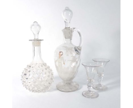 A Mary Gregory-type clear glass decanter and stopper, together with a group of clear glass drinking vessels and other items (