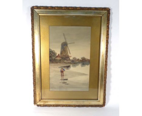 Louis K..Harlow,A figure by a windmill,signed,watercolour,54 x 33.5 cm   CONDITION REPORT:  Discolouration