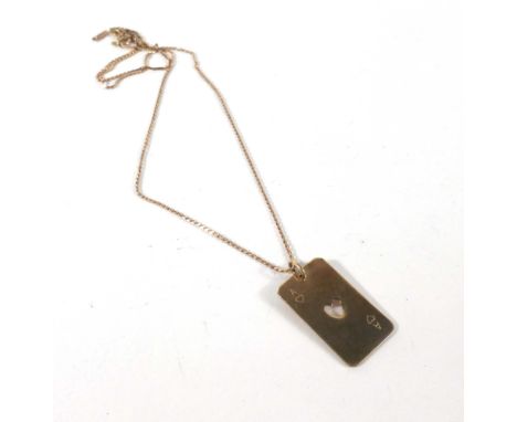A 9ct yellow gold fine boxlink necklace suspending a pendant in the form of an ace of hearts playing card, 4.6 gms